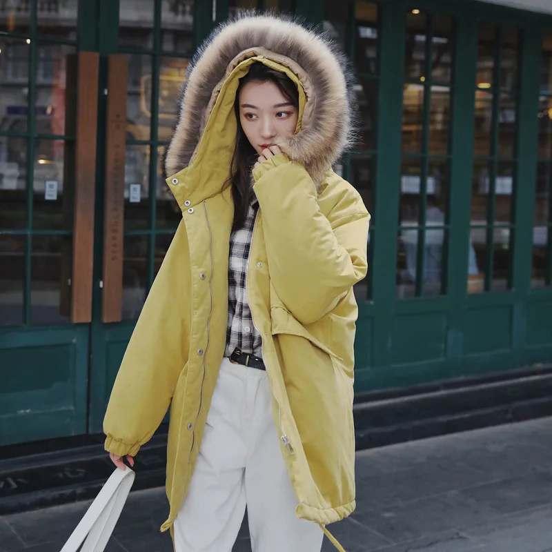 Женское пальто с капюшоном и воротником из меха енота теплая парка подкладкой