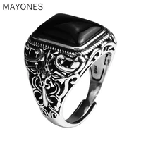 genuine 925 sterling silver vintage rings for men natural black onyx stone square shape hollow cross flower carved punk jewelry