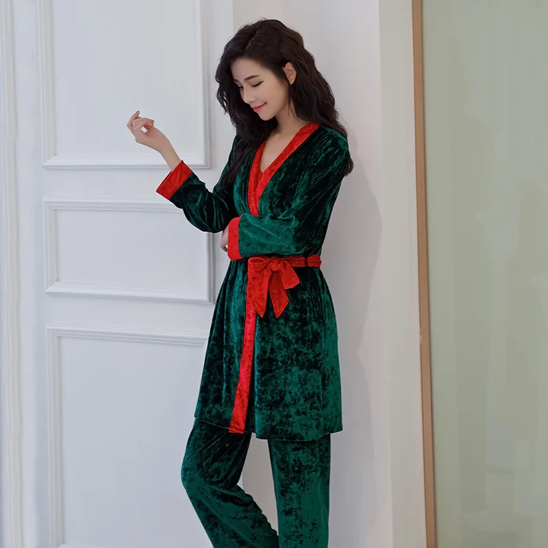 Комплект из 3 предметов бархатная Пижама модный банный халат большого размера