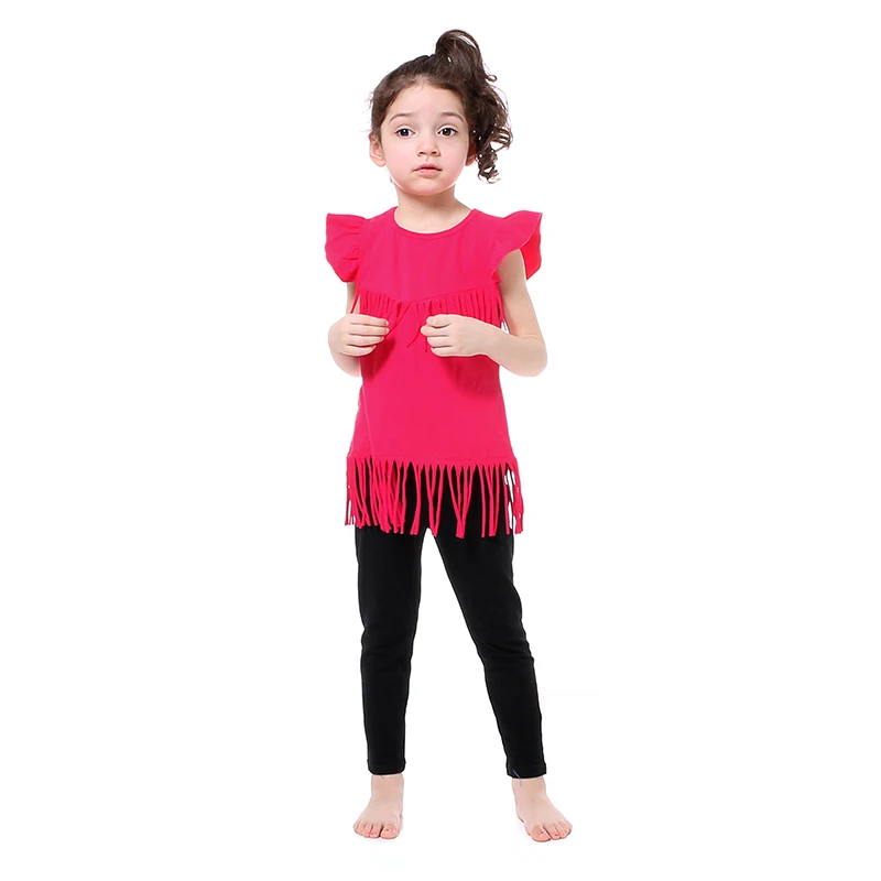 Детская одежда 2017 комплекты летней одежды для девочек розовая рубашка с бахромой