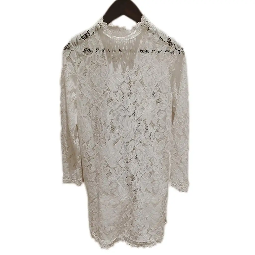 ISHINE белая кружевная рубашка для женщин Круглый длинный рукав Модная элегантная