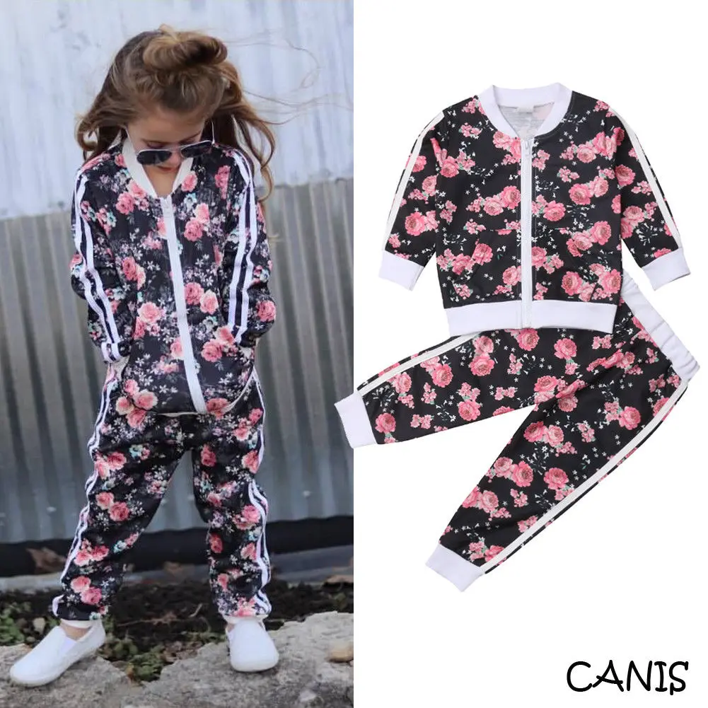 Fashion Kids Toddler Girls Tracksuit Sets Floral Long Sleeve Bomber Jacket Sweatshirt Tops+ Long Jogger Pants 2PCS Outfits 2-7Y