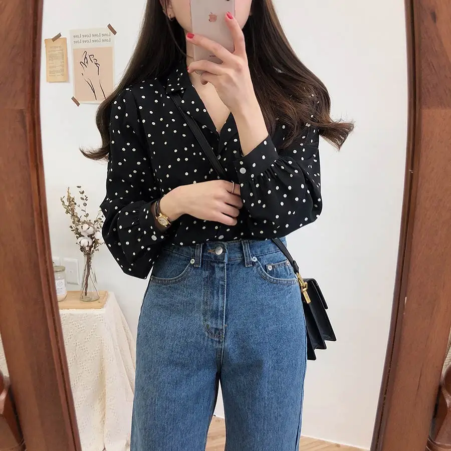 S-XL, весенние женские повседневные рубашки с принтом, свободные, с длинным рукавом, в стиле пэчворк, женские блузки в горошек, женский топ, vetement femme