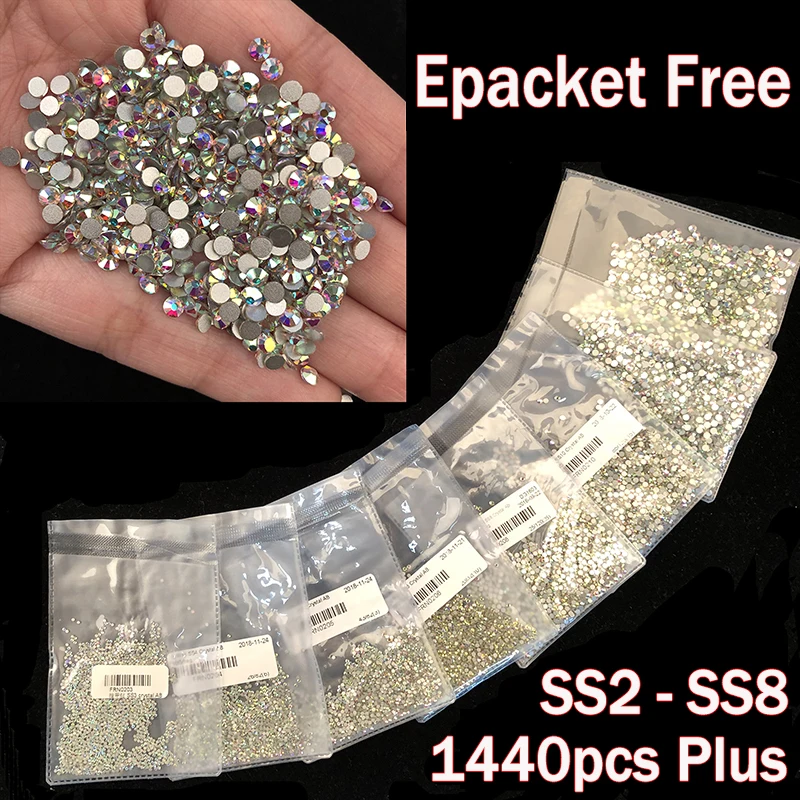Rhinestone Nail Art ss2-ss8 1440pcs Flatback Crystal AB &amp Clear Non Hotfix Rhinestones Decoration Super Glitter | Красота и