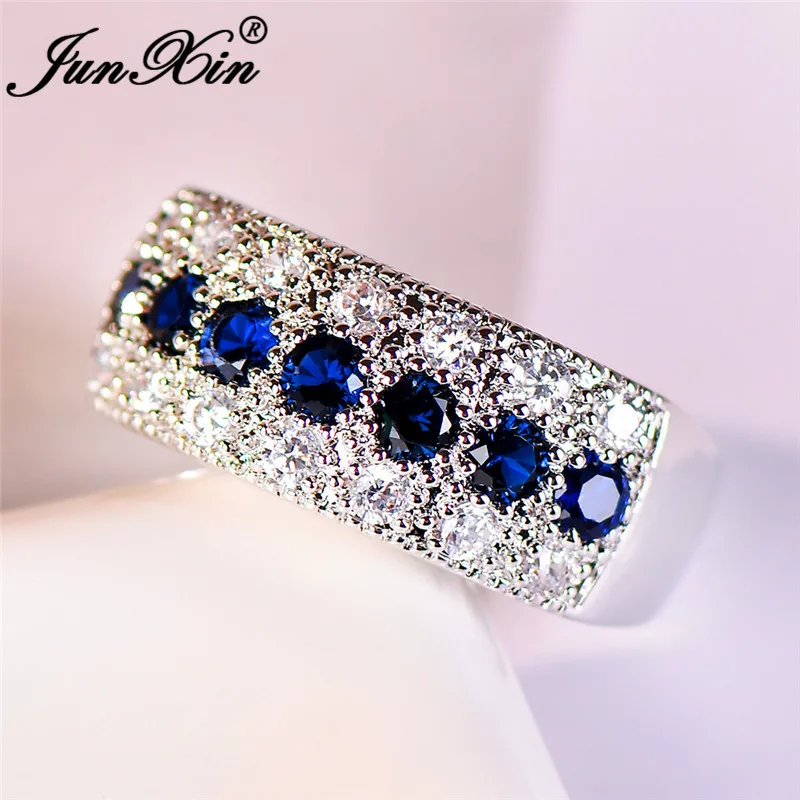 Blue Ring JUNXIN блестящие женские большие кольца для помолвки серебро 925 пробы белые синие Хрустальные Обручальные кольца для женщин ювелирные изделия - Цвет основного камня: Blue Ring