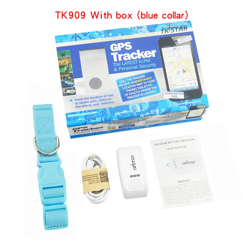 With box(blue) Умный мини TK909 Pet gps трекер для кошек собак в реальном времени Отслеживание Водонепроницаемый гео-забор история-проверка следов датчик встряхивания оповещения - Цвет: With box(blue)