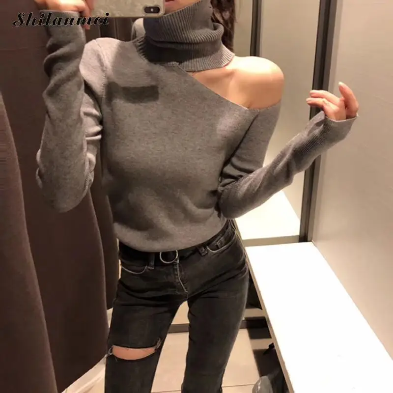 Сексуальный женский вязаный свитер с открытыми плечами и высоким воротником