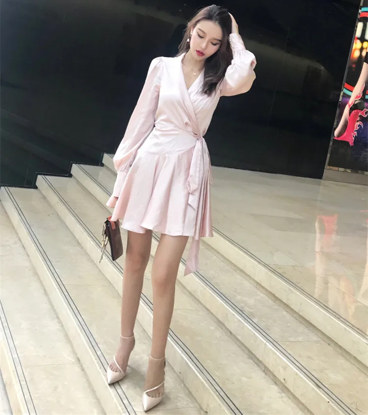 Elegant Silk Satin Dress Women Sexy V Neck Lantern Sleeve Ruffle Sash Mini Wrap Dress Ladies A Line Long Sleeve Dress Vestido