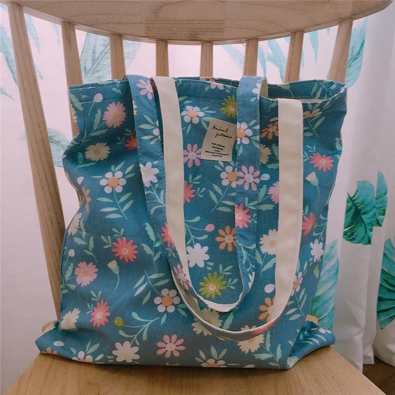 

Cotton Fabric Eco Shopping Tote Shoulder Bag Print Rural Flower Blue Base ZJ