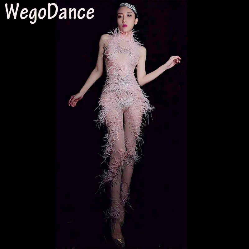 hot sexy Pink Feather Perspective Mesh Jumpsuit Birthday Celebrate Bodysuit Women Singer Dancer See Through sexy dance costumes