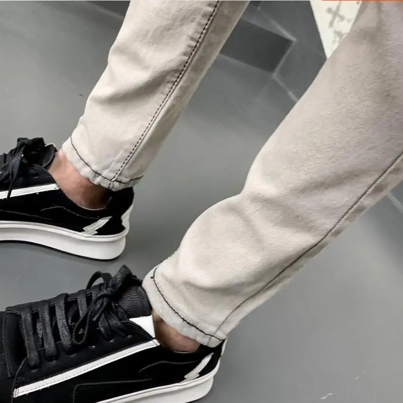 

2021 New style Fashion male autumn slim fit broken hole jeans/Men's High quality pure cotton Color matching Pencil pants 28-34