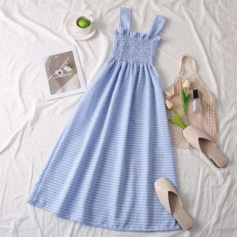 2019 летнее женское платье без рукавов с бретельками клетчатое богемное средней