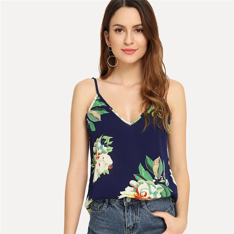 Шеин Двойной Глубокий V шеи цветочные Cami Top Boho Женская одежда Спагетти ремень топы Летний жилет топы