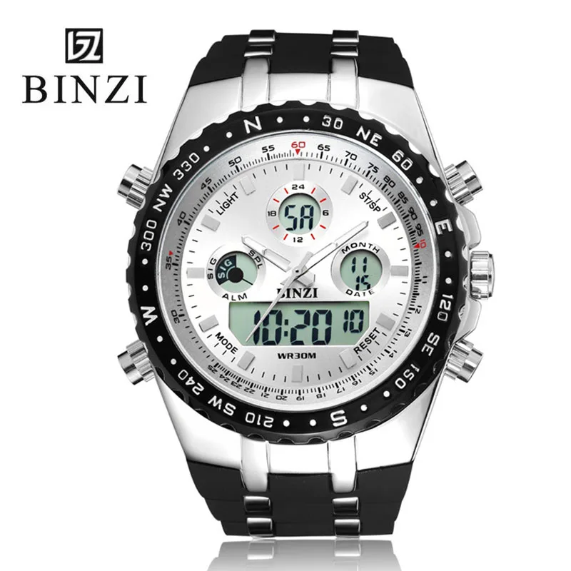 white BINZI цифровые спортивные светодиодные часы для мужчин с водонепроницаемым корпусом до 30м и аналоговым циферблатом прекрасно дополнят ваш повседневный образ - Цвет: white