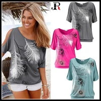 2017 womengirl loose type t shirto neck feather printed soft strapless off shoulder short sleeved topss 5xl big yards