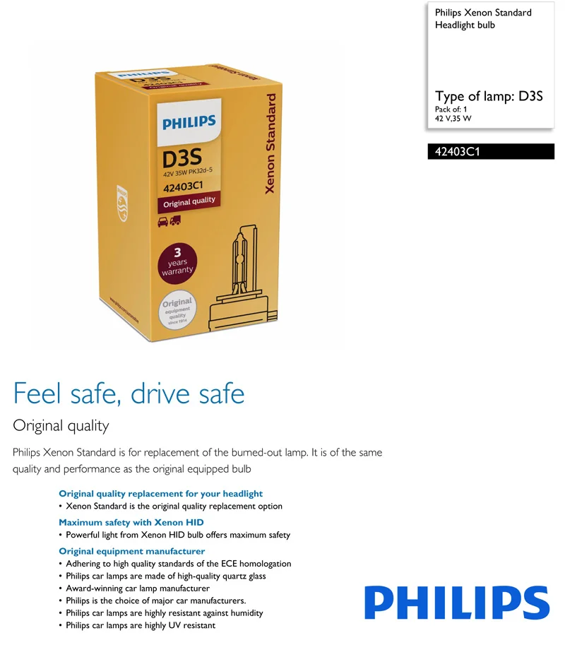 Philips D3S HID 42403 35W ксеноновый Стандартный головной светильник 4200K яркий белый светильник, автомобильные оригинальные лампочки, одобрено ECE, 1X