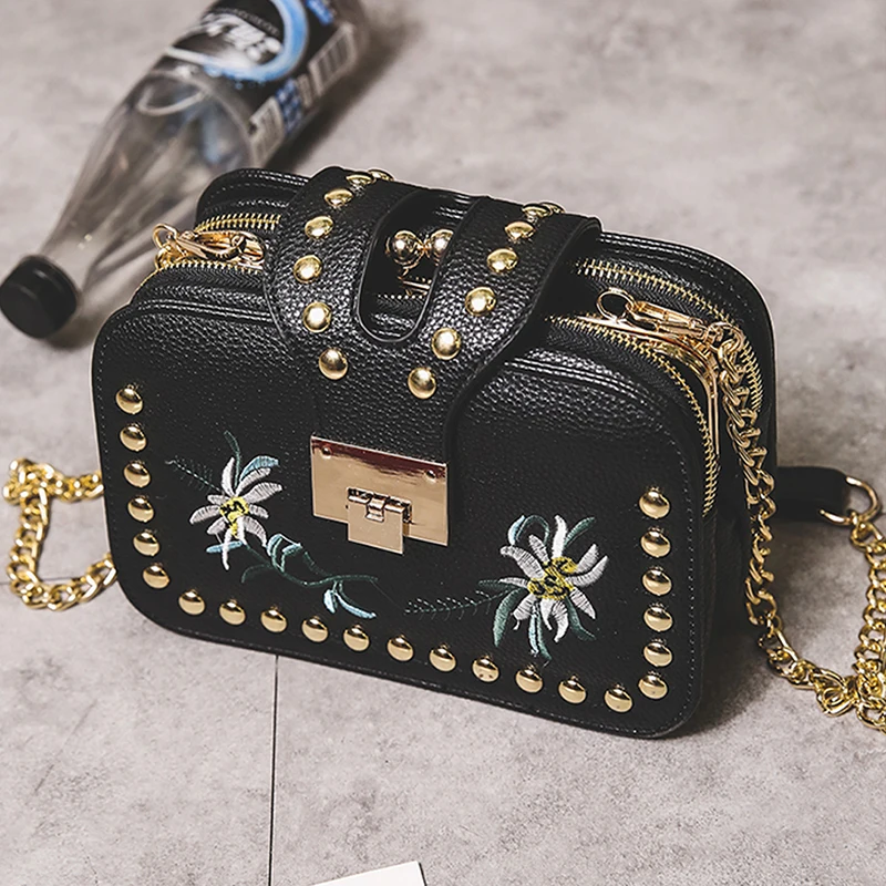 Цветок вышитые сумки женские заклепки Crossbody сумка Роскошные Дизайнерские