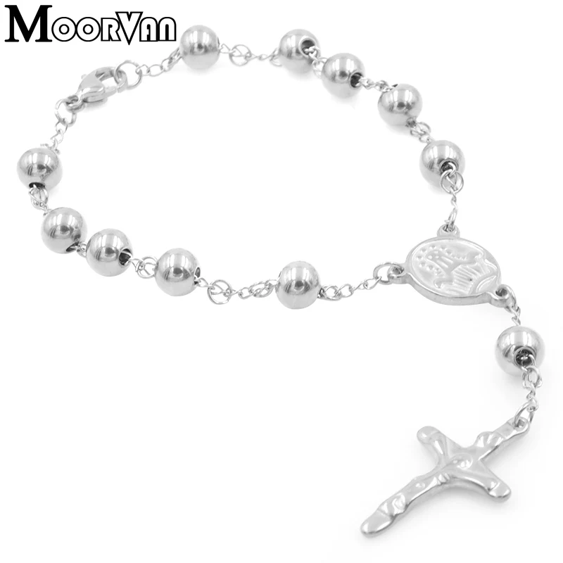 Moorvan 22 см* 8 мм бусы, четки, браслет для мужчин, крест католической церкви из нержавеющей стали 316l ювелирные изделия,, VRN20