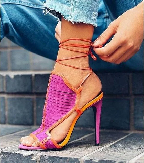 Harga Sandal Strap Pergelangan Kaki Berenda Warna Campuran Seksi Sepatu Slingback Hak Tinggi Ujung Terbuka Perca Wanita Sepatu Gaun Wanita Ukuran Plus 13