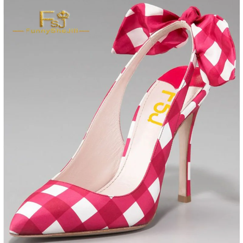 

FSJ Red and White Plaid Bow Slingback Stiletto Heel Women Pumps Sweet Pointy Toe Date Party Cute Ladies Shoes 2022 Spring Autumn