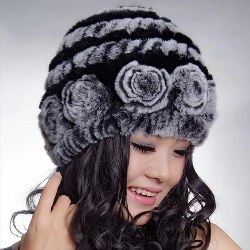 Зимние меховые шапки для женщин Шапка бини из натурального меха кролика рекс с