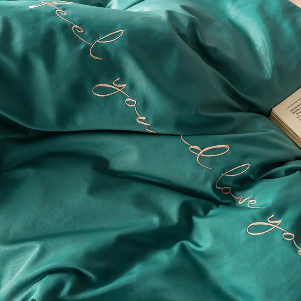 Nordic Light Green Dark INS Embroidery Bedlinens Artificial Silk Satin Duvet Cover Set Queen King Bedsheet Bedding Set