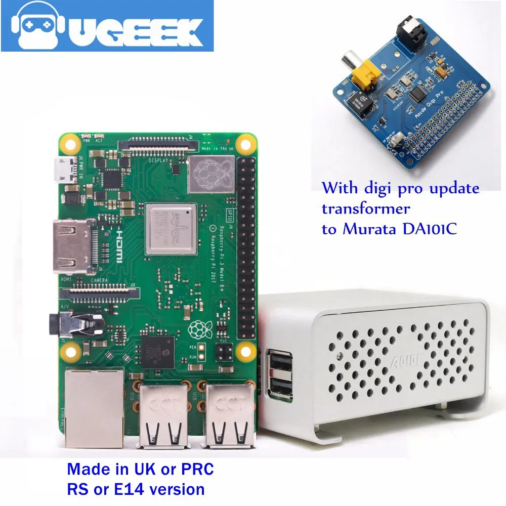 UGEEK AOIDE HIFI DiGi Pro цифровая звуковая карта+ чехол+ Raspberry Pi 3B комплект | два осциллятора | ies SPDIF Оптическое волокно | 44,1 и 48 кГц | DA101C