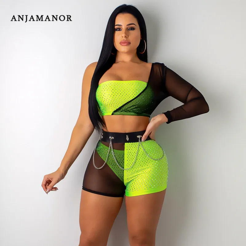 Женский комплект из 3 предметов ANJAMANOR неоновый сетчатый топ на одно плечо и шорты