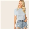 SHEIN, блестящая футболка, весенняя, летняя, осенняя, тонкая, синяя, со стоячим воротником, полосатая футболка, женские летние футболки
