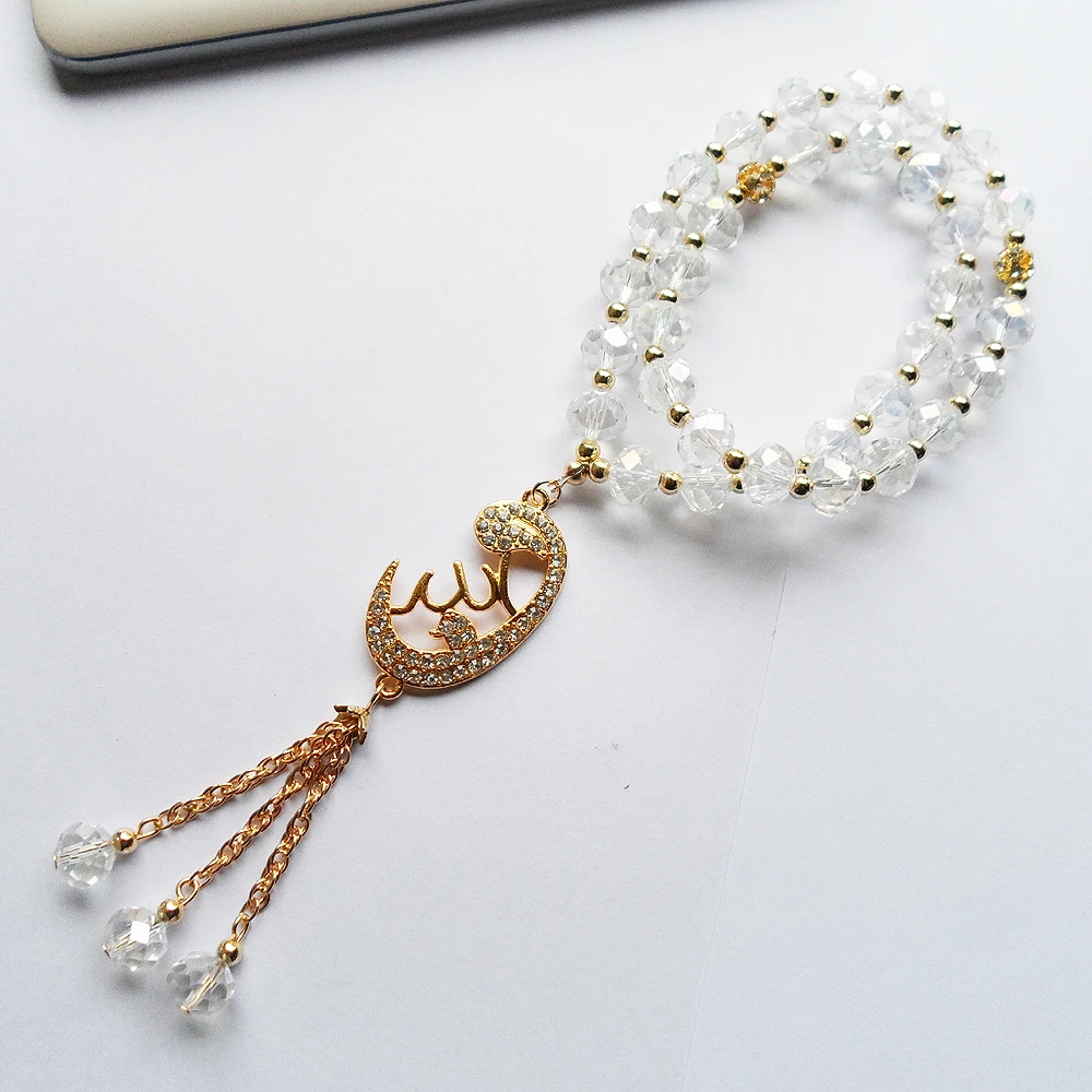 Эластичный браслет с белым кристаллом мусульманский подвеской покрытый золотом