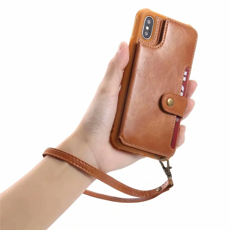 Hand Strap with Retro PU Leather Case For iPhone X 6 6s 7 8 Plus Multi Card Holders Cover Shells |
