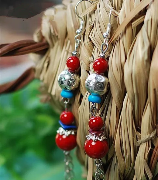 Элегантные красивые красные коралловые бусины тибетские серебряные Резные