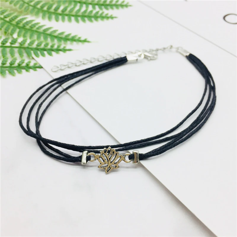 MFNFYH Silver Lotus Flower Ankle Bracelets for Women Men Multi Layer Black Wax Rope Anklet Barefoot Sandals Foot Chain Jewelry | Украшения