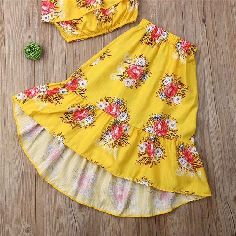 Boho/летняя детская одежда с цветочным рисунком для маленьких девочек Топы без бретелек открытыми плечами и