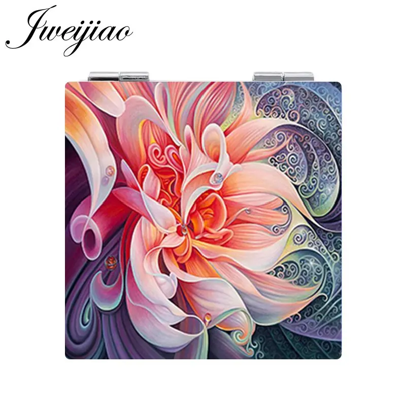 

JWEIJIAO Beautiful Flowers Potted plant Birds Photo Pocket Mirror Mini Folding Square 1X/2X Magnifying PU Leather Makeup Mirror