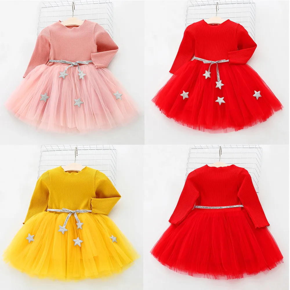 Vestido infantil/ г. модное платье одежда для маленьких девочек с длинными рукавами и звездами праздничные платья принцессы подарок на первый день рождения