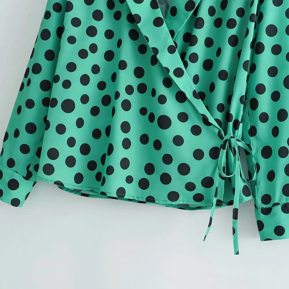 Рубашка женская в зеленый горошек с принтом|Блузки| |