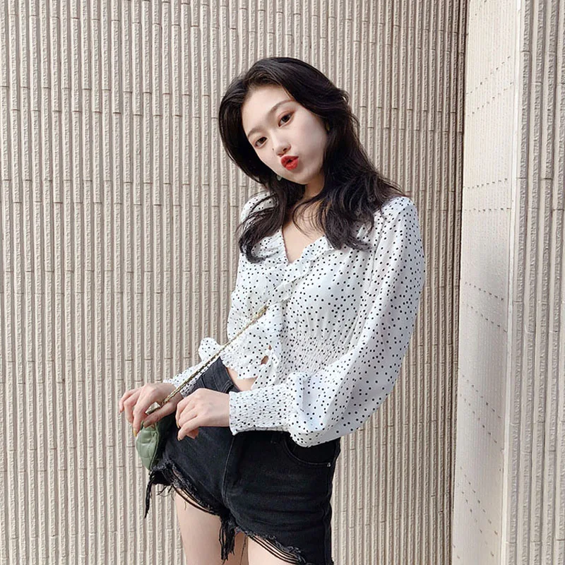 Autumn Long Sleeve Shirts Polka Dot V-neck White Blouse Sexy Pleated Navy Crop Top Female Fitness Casual Shirt Woman Clothes |