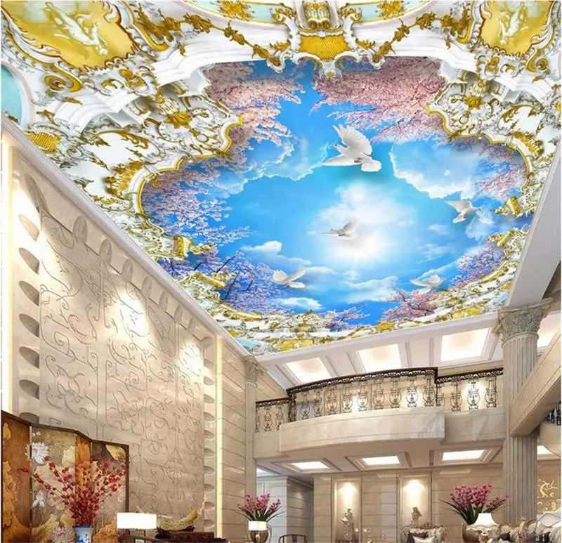 3d ceiling murals wallpaper custom photo non-woven Blue sky clouds cherry tree painting wall mural for living room | Обустройство