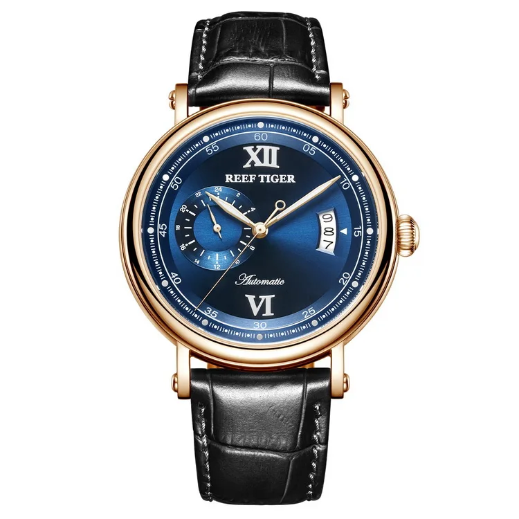 Reef Tiger RGA1617-2 Мода из натуральной кожи Band men waterproof 24 Hour Dial Automatic Self Wind механические наручные часы