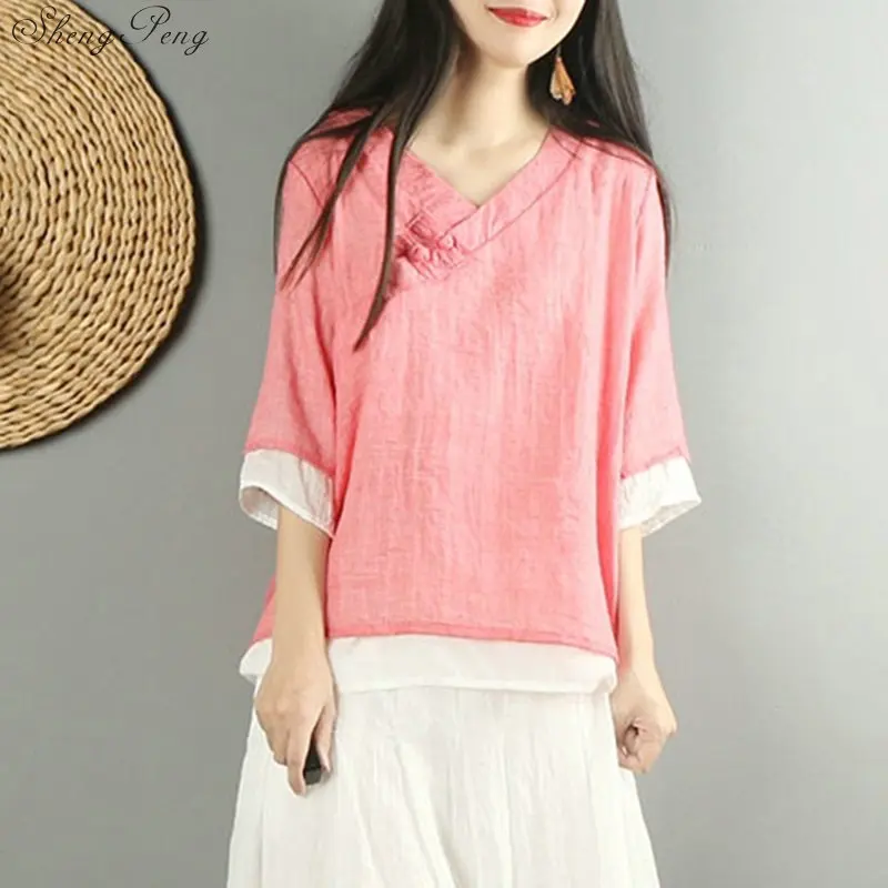 New Traditional Chinese Clothing Womens Tops Blouses Linen Button Shirt Oriental Female Cheongsam Top China Clothing G153