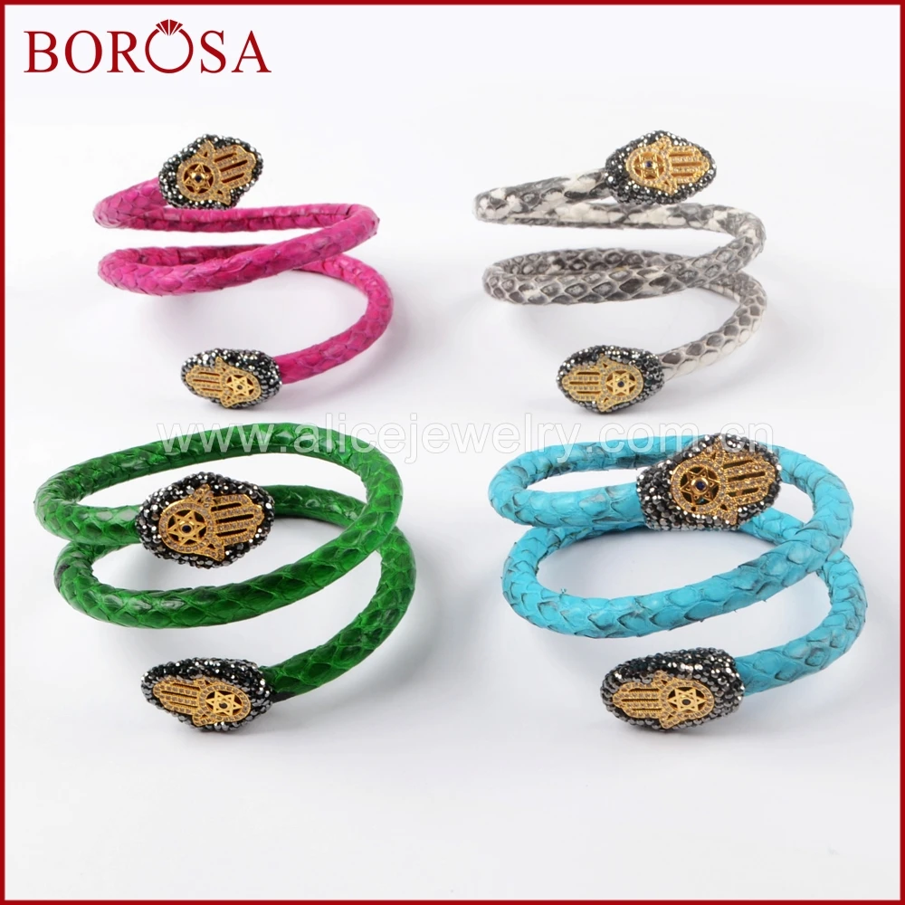 BOROSA 5 шт. Подлинная змеиная кожа Drusy регулируемые браслеты с CZ микро паве Хамса