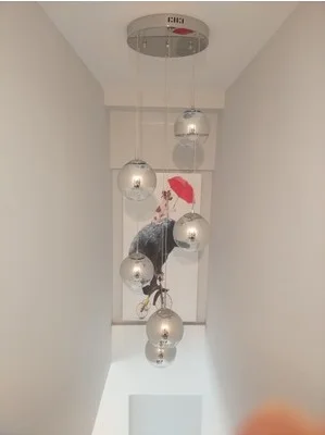 6 lights Silver Stair rotating long pendant light Nordic personality glass living room dining room modern minimalist stair long pendant lamps - Body Color: 6 lights Silver
