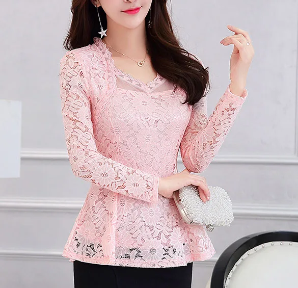 Новая мода renda blusas femininas, Женская кружевная рубашка, открытая кружевная блузка, рубашка для женщин, большие размеры, цветочные кружевные топы - Цвет: Pink