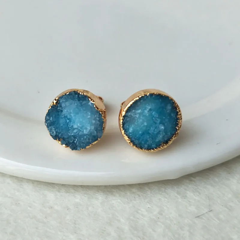 

Оптовая продажа, 5 пар, 10 мм круглые серьги Drusy золотого цвета, натуральный камень, титановая Друза, серьги-гвоздики, драгоценный камень, рань...