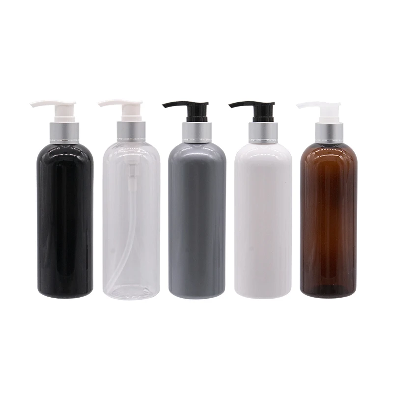 Botella de plástico de hombro redondo de 300ml X 20, dispensador de loción con cuello plateado, blanco, negro, gris, contenedor de bomba cosmética, con tornillo