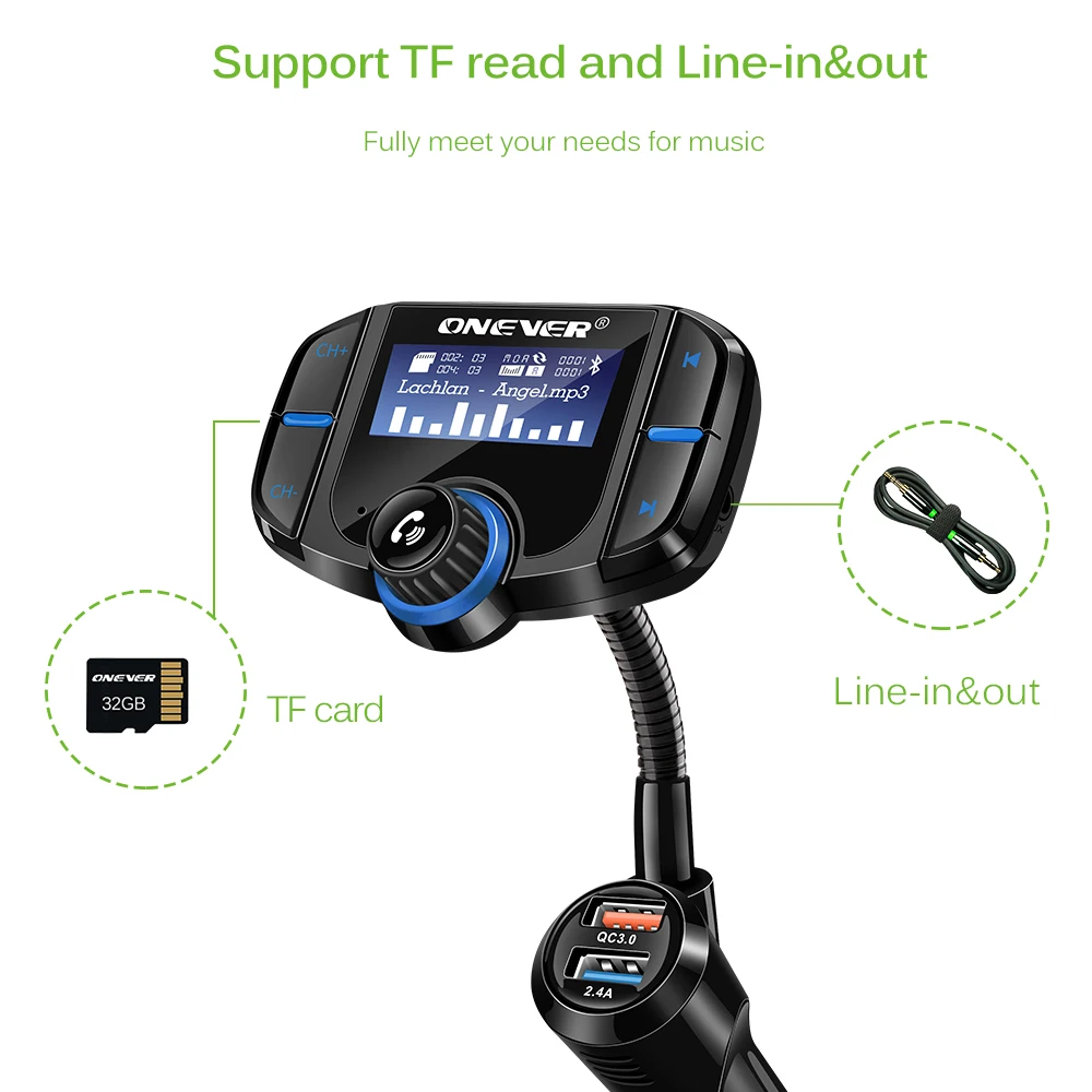 

Car FM Modulator FM Transmitter Bluetooth 2 Port Quick Charge 3.0 Charger Handsfree Car Kit 1.65'' MP3 Player Support Siri