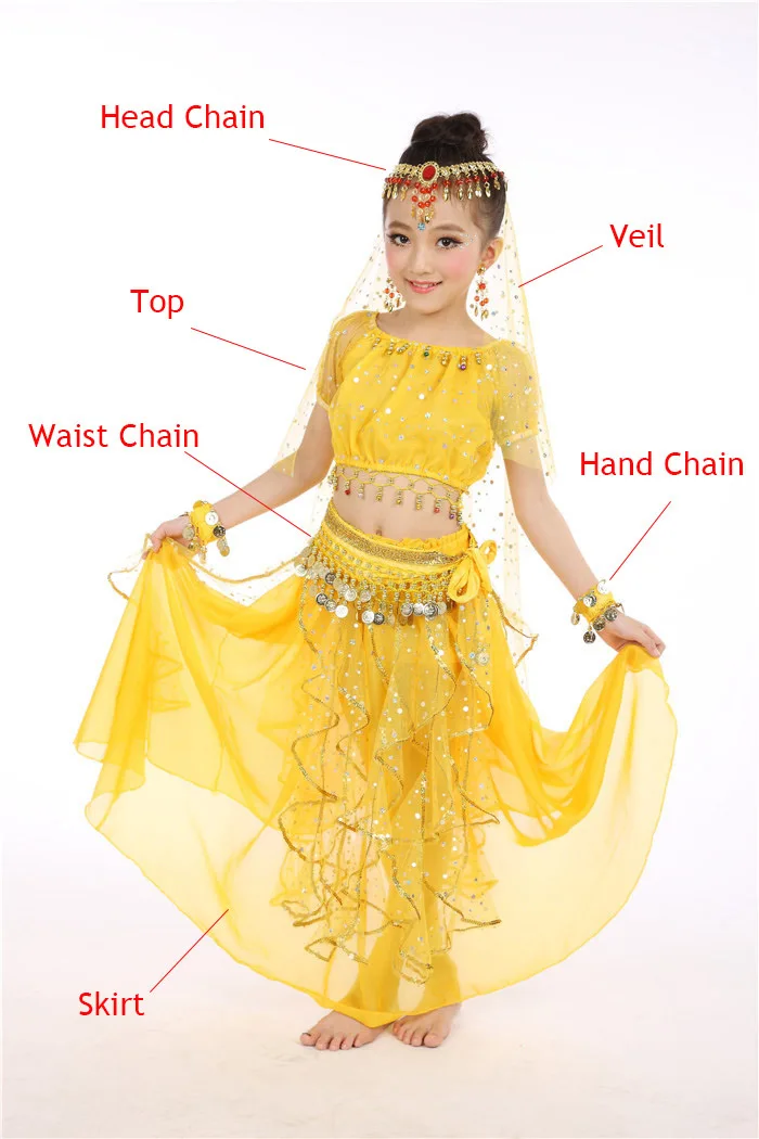 Yellow 6pcs 6 шт./компл., детский костюм для танца живота, Индийские танцы, платье, комплект, одежда для выступлений для маленьких девочек, бальное платье для детей 95-155 см - Цвет: Yellow 6pcs