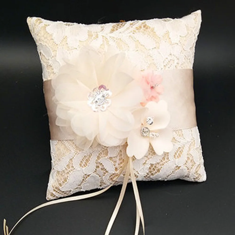 Свадебные кольца-держатели с кружевным цветком, 15x15 см, стразы для подушек, украшения для свадебных колец, подушки с бантом из ленты, вечерние украшения