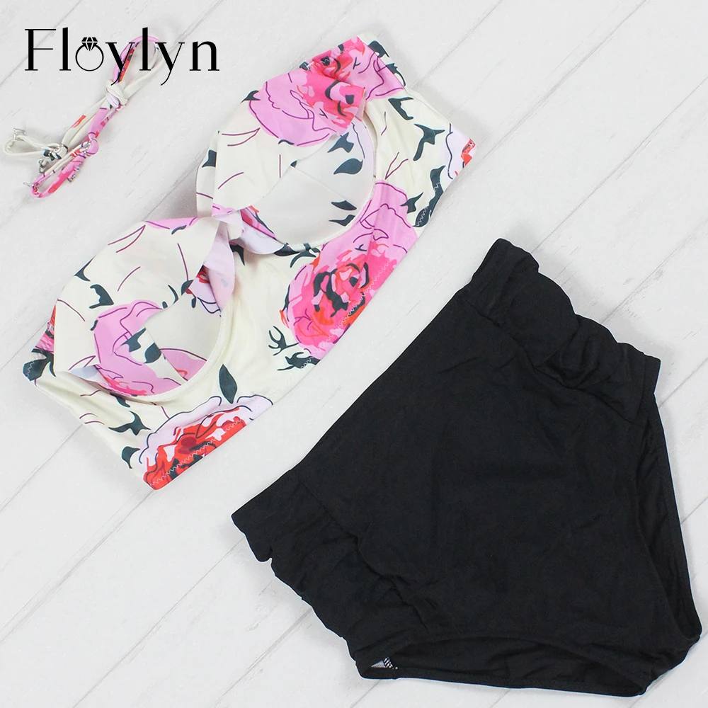 Floylyn Новинка бикини женский купальник Высокая талия купальный костюм Плюс Размер Купальники пуш-ап бикини Набор Винтаж Ретро пляжная одежда 4XL